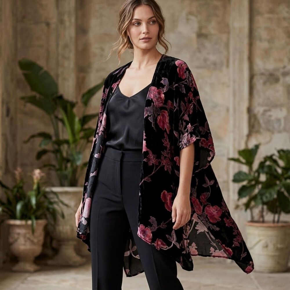 Angie Black Pink Floral Velvet Burnout Kimono Small Open Front Boho Festival